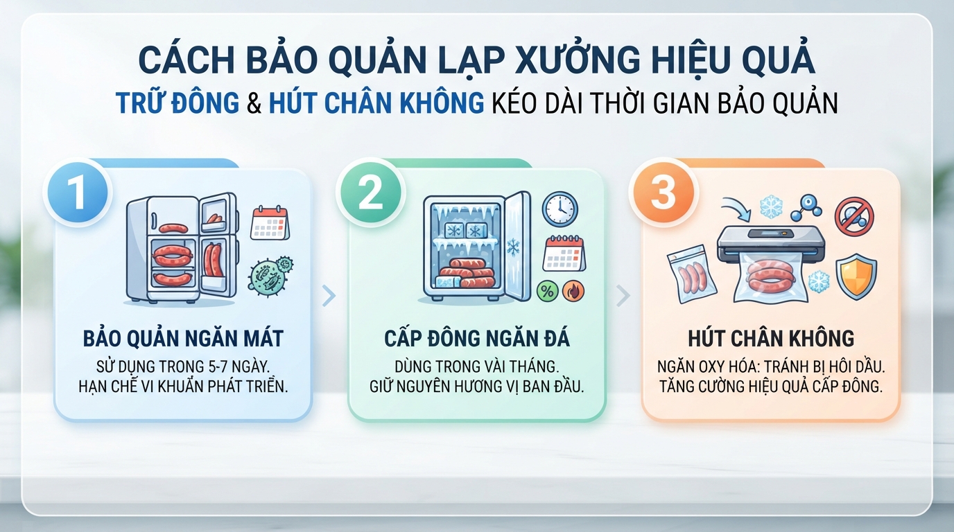 Trữ đông kết hợp hút chân không giúp kéo dài thời gian bảo quản lạp xưởng.