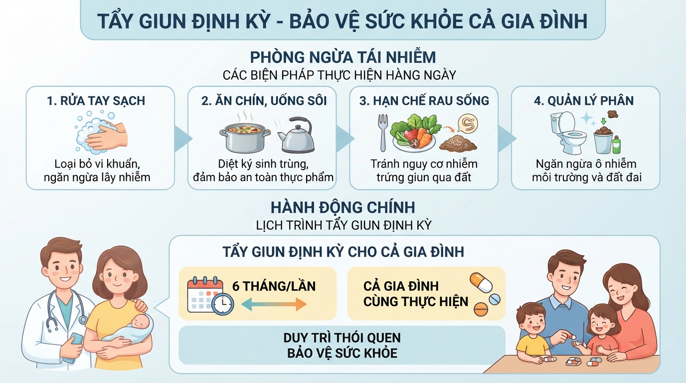 Trứng giun tồn tại lâu trong đất nên cần tẩy giun toàn gia đình.
