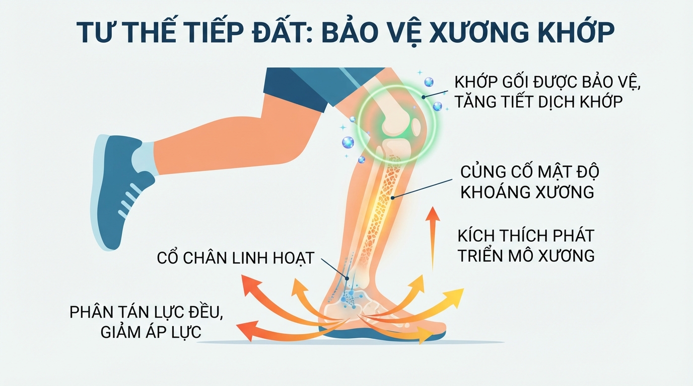 Tư thế tiếp đất giữa bàn chân giúp phân tán lực đều và bảo vệ mật độ khoáng xương.