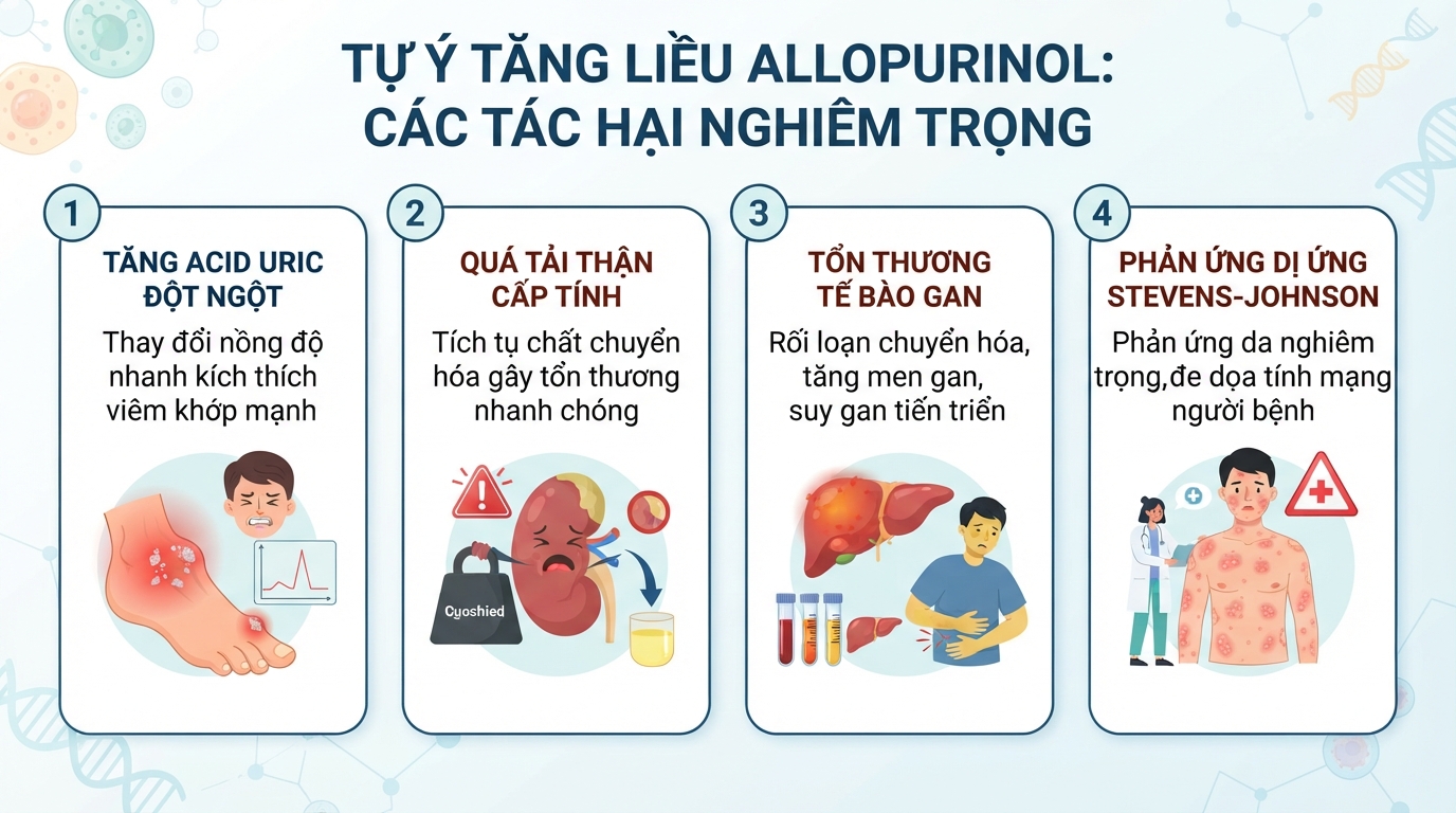 Tự ý tăng liều Allopurinol gây hại gan thận và tăng nguy cơ dị ứng da Stevens-Johnson.