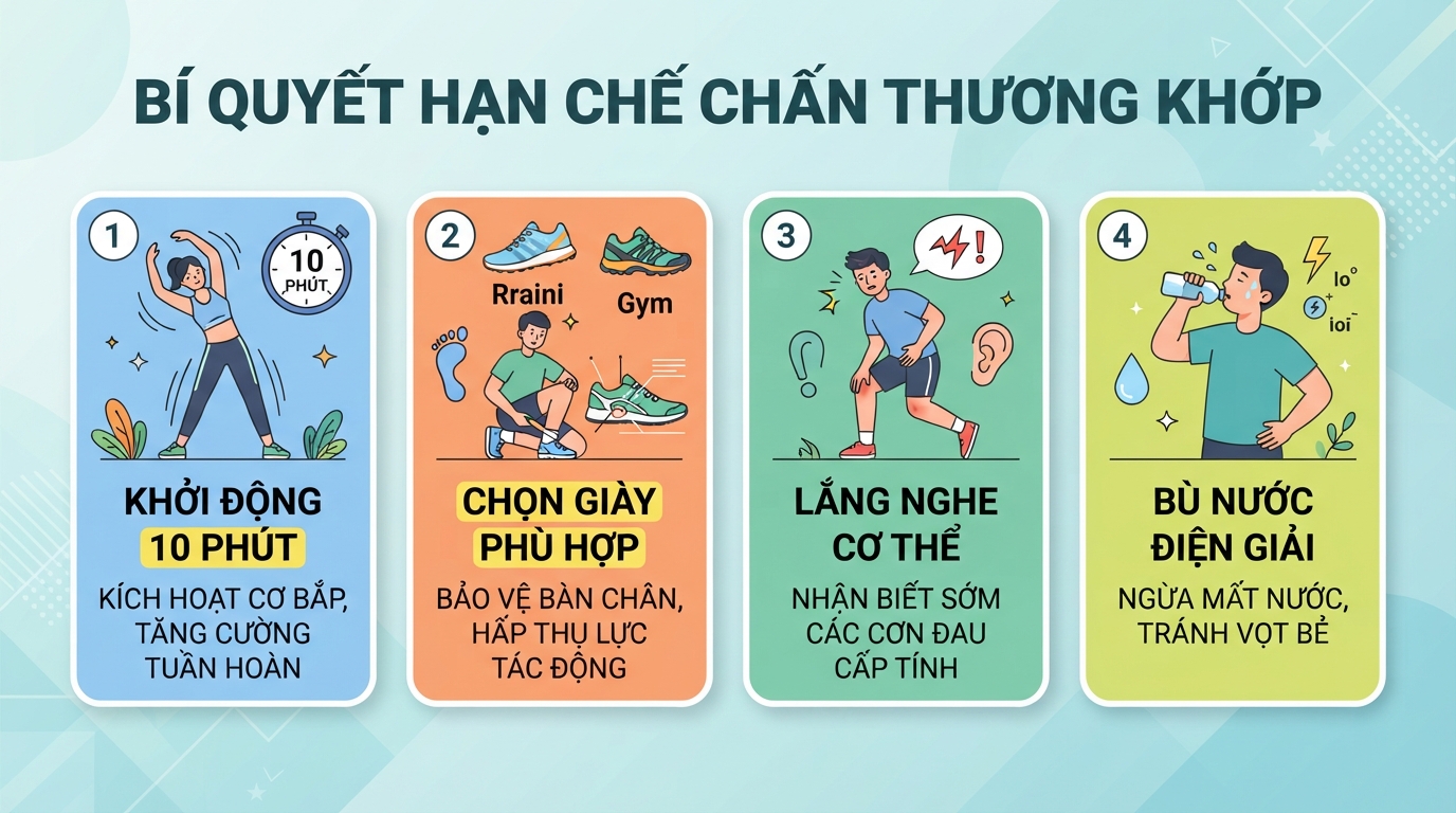Tuân thủ quy trình khởi động và chọn giày phù hợp giúp hạn chế tối đa chấn thương khớp.