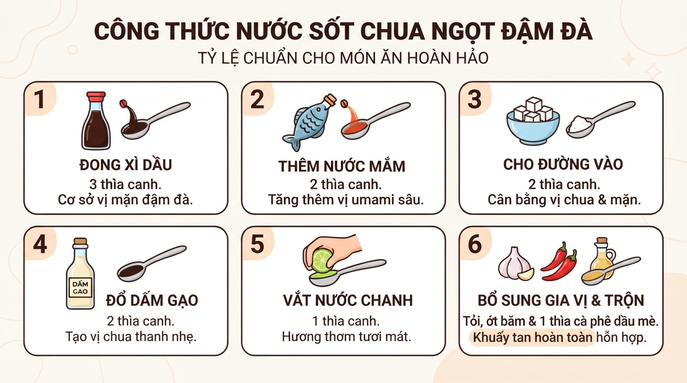Tỷ lệ các loại gia vị để pha nước sốt chua ngọt đậm đà.