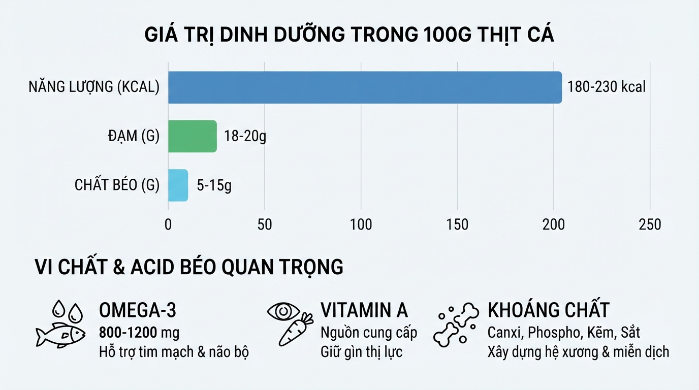 Tỷ lệ các nhóm vi chất và năng lượng trung bình trong 100g thịt cá.