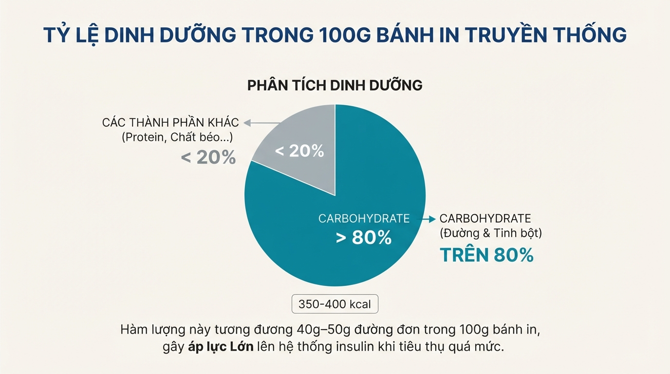 Tỷ lệ carbohydrate chiếm hơn 80% tổng giá trị dinh dưỡng trong mỗi 100g bánh in truyền thống.