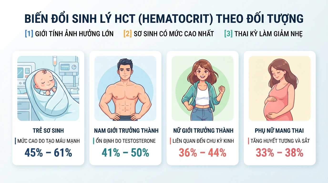 Tỷ lệ HCT biến đổi sinh lý theo giới tính, độ tuổi và giai đoạn thai kỳ.