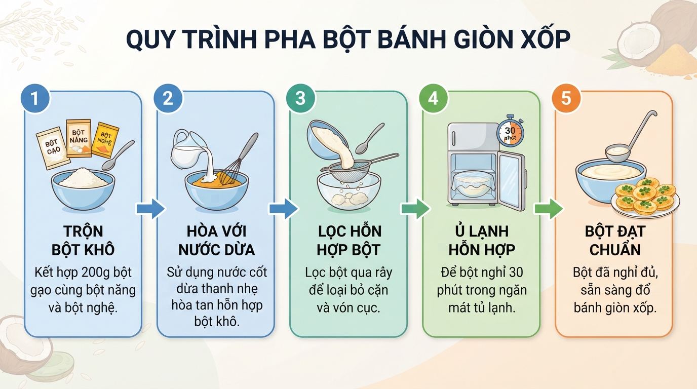Tỷ lệ pha bột gạo chuẩn giúp lớp vỏ bánh đạt độ giòn xốp tự nhiên nhất.