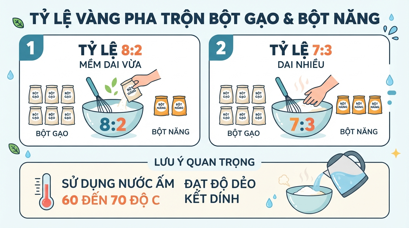 Tỷ lệ pha trộn bột gạo và bột năng chuẩn giúp sợi bánh đạt độ dai ngon nhất.