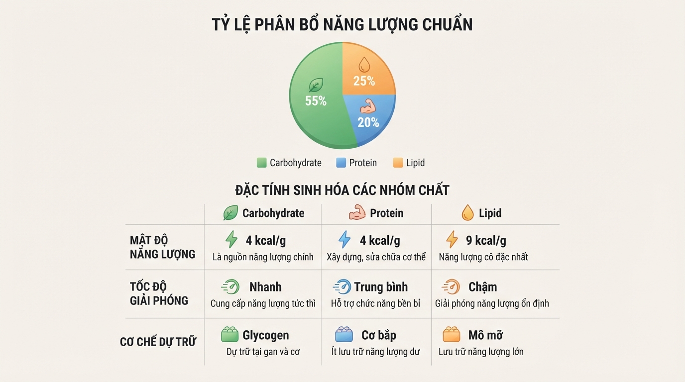Tỷ lệ phân bổ năng lượng chuẩn từ ba nhóm chất đại lượng trong bữa ăn.