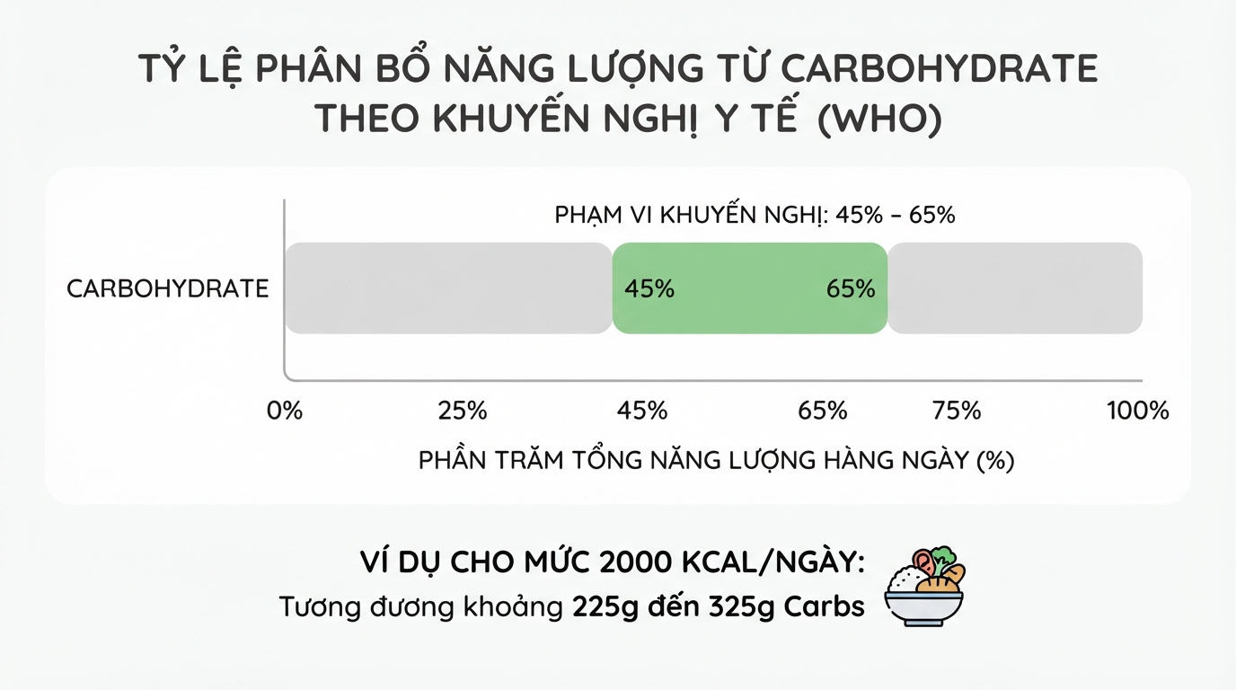 Tỷ lệ phân bổ năng lượng tiêu chuẩn từ carbohydrate theo khuyến nghị y tế.