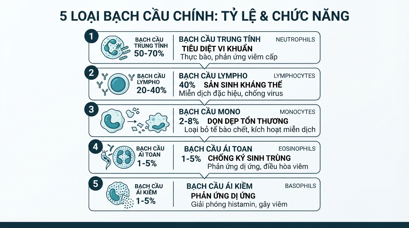 Tỷ lệ phối hợp và chức năng phòng thủ của 5 loại bạch cầu chính trong máu.