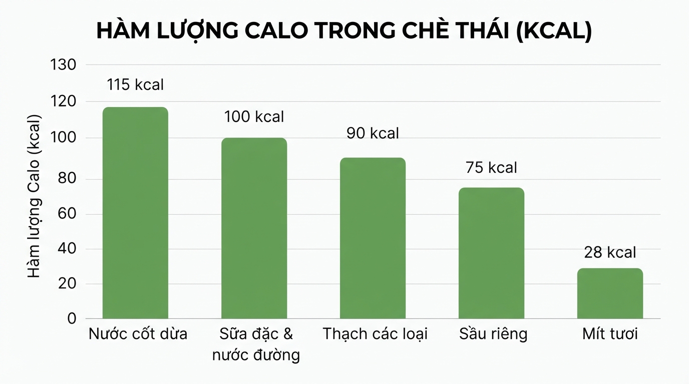 Ước tính hàm lượng calo chi tiết trong từng nguyên liệu của một ly chè thái.