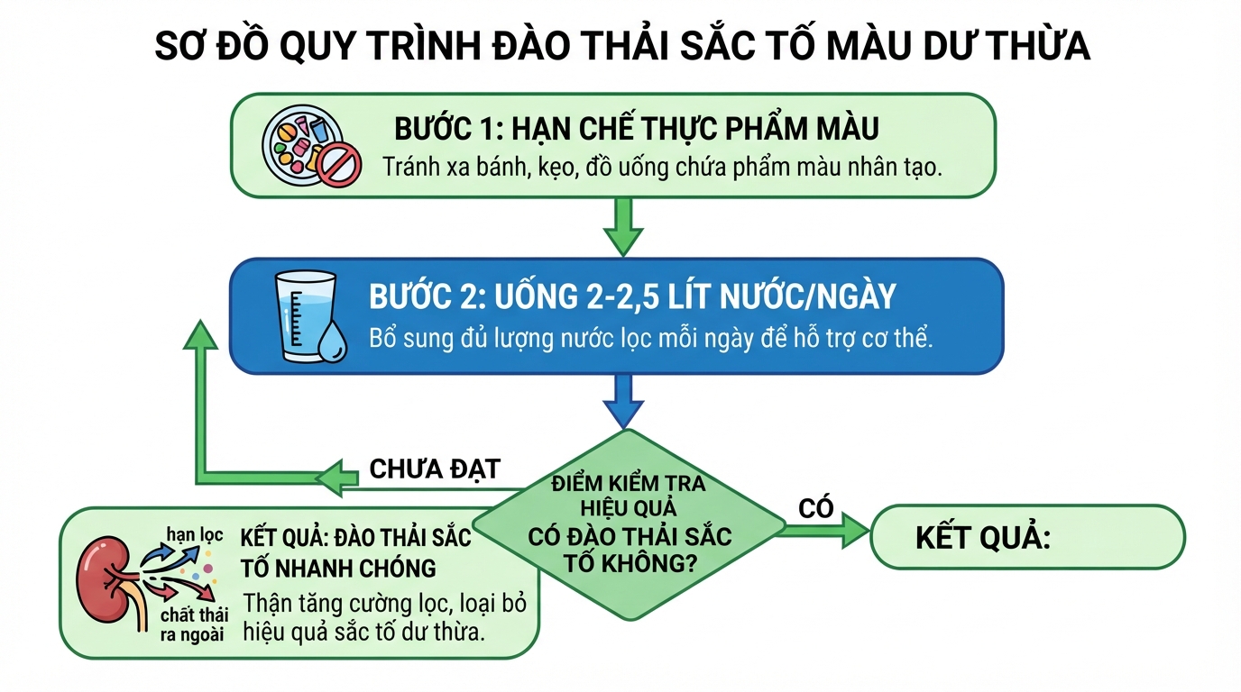 Uống 2-2,5 lít nước mỗi ngày giúp tăng cường đào thải các sắc tố màu dư thừa.