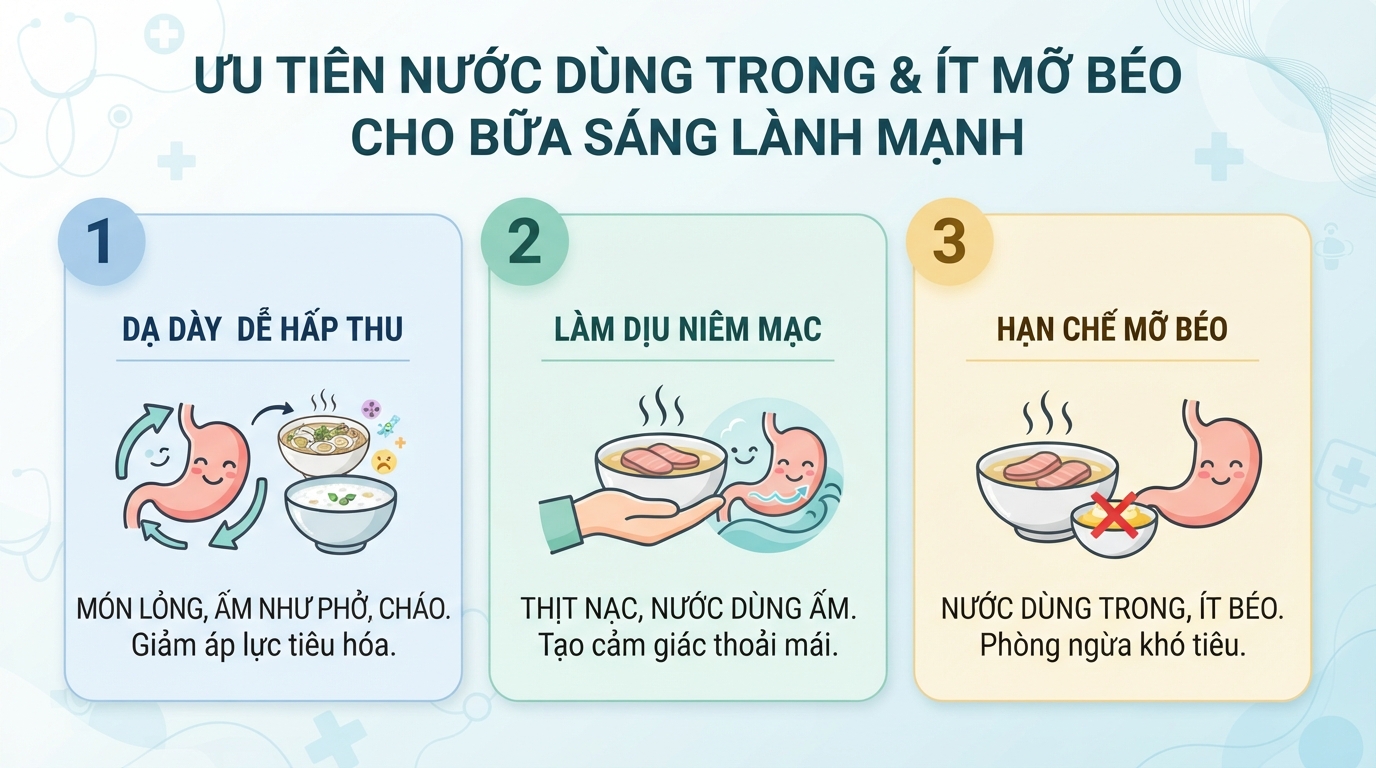 Ưu tiên nước dùng trong và ít mỡ béo để hạn chế nguy cơ đầy bụng.
