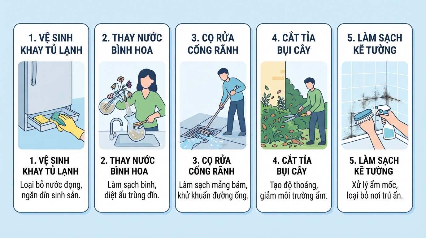 Vệ sinh các khu vực ẩm thấp là cách triệt tiêu nguồn sinh sản của loài dĩn.