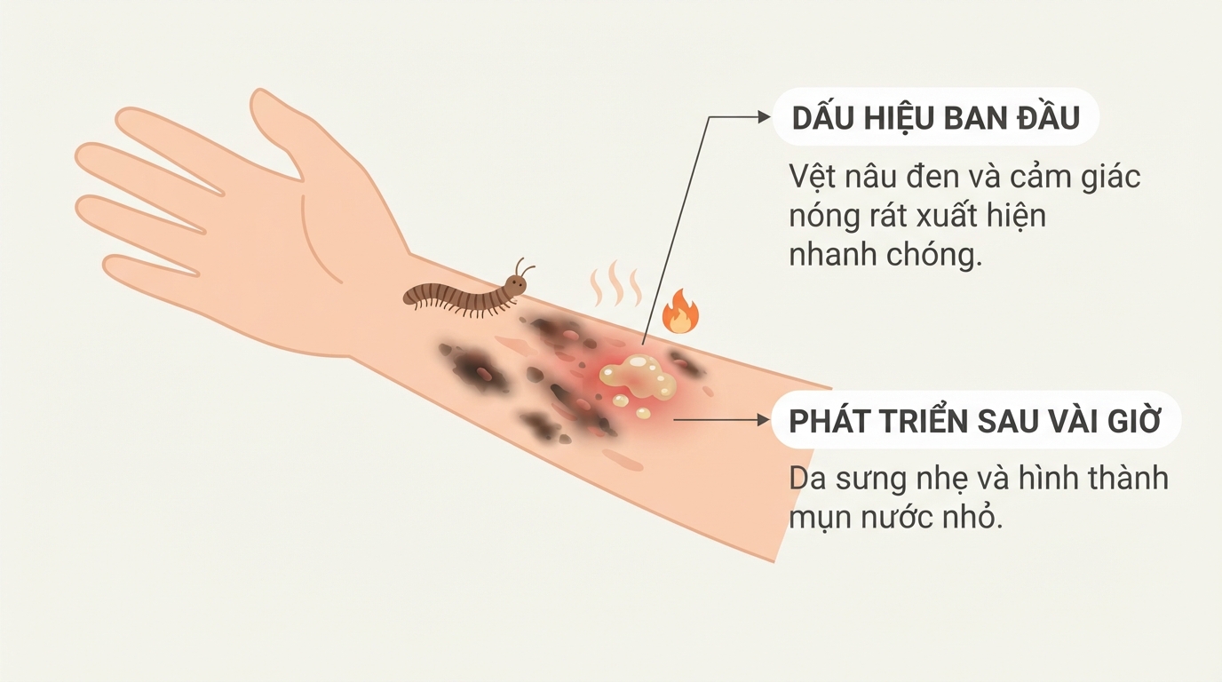Vết sạm màu và sưng rát trên bề mặt da sau khi tiếp xúc dịch tiết cuốn chiếu.
