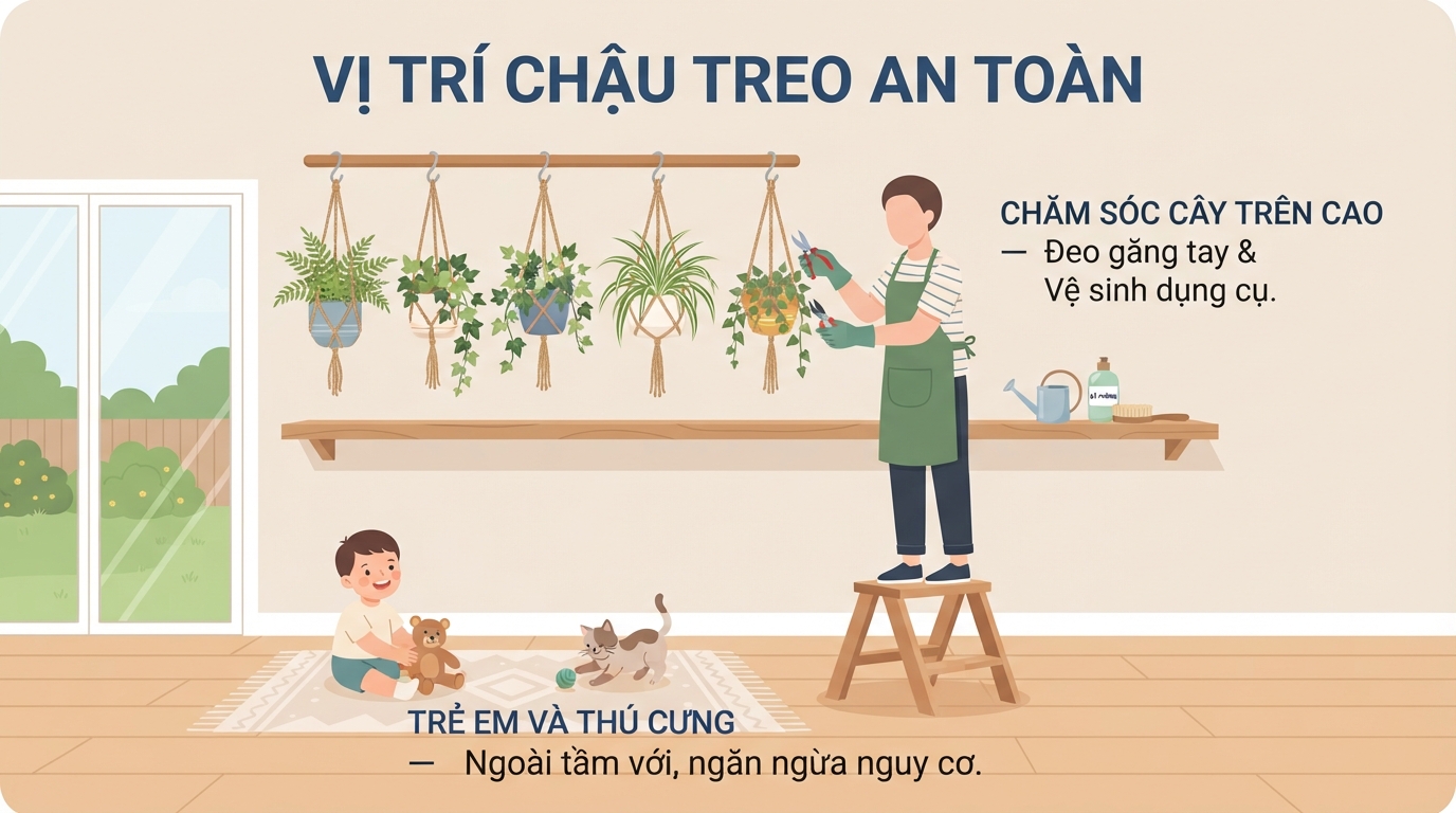 Vị trí đặt chậu treo an toàn trên cao giúp phòng ngừa ngộ độc cho trẻ.