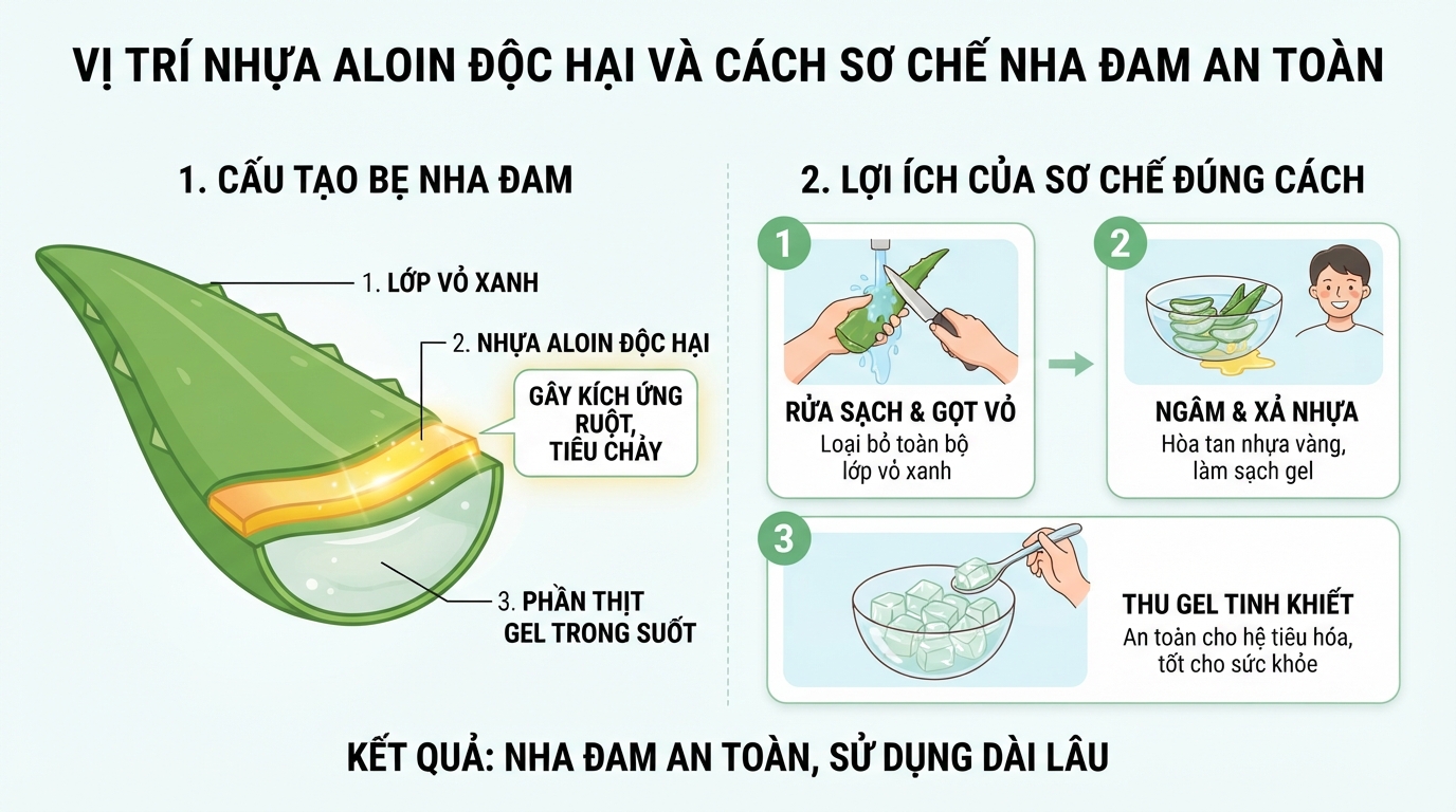 Vị trí nhựa Aloin độc hại trong cách chế biến nha đam de dùng dần.