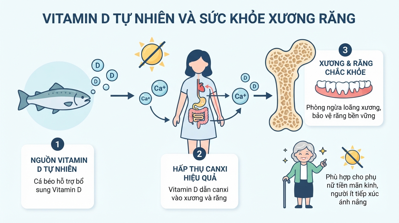 Vitamin D tự nhiên từ cá hỗ trợ hấp thụ canxi, phòng ngừa loãng xương và bảo vệ răng.