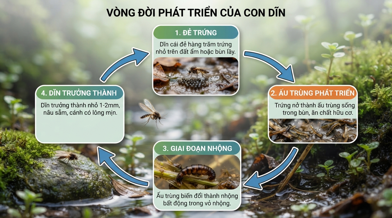 Vòng đời phát triển của con dĩn trải qua bốn giai đoạn trong môi trường ẩm ướt.
