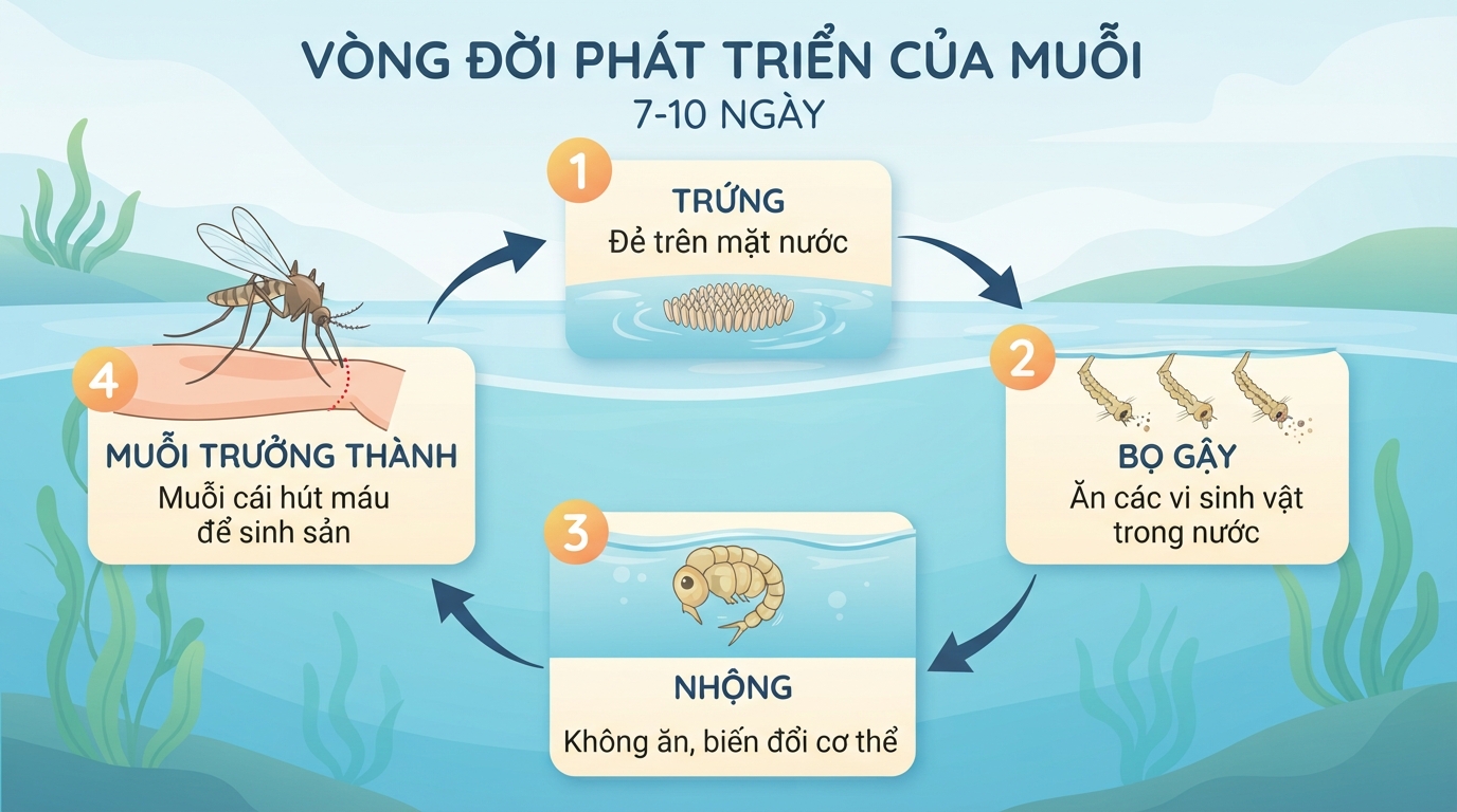 Vòng đời phát triển của muỗi từ trứng đến trưởng thành chỉ diễn ra trong khoảng 7-10 ngày.