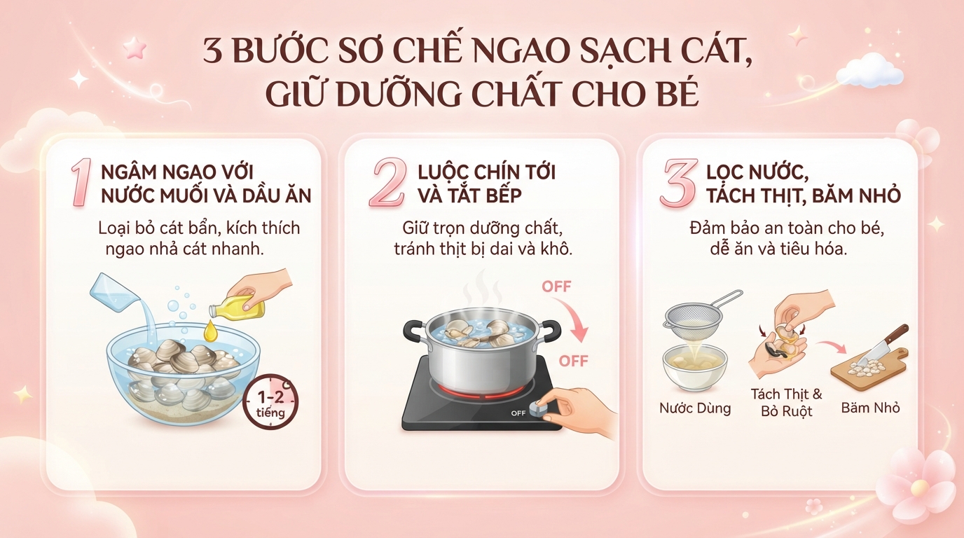 Ba bước sơ chế ngao sạch cát và giữ trọn dưỡng chất cho bé. Ba bước sơ chế ngao sạch cát và giữ trọn dưỡng chất cho bé.