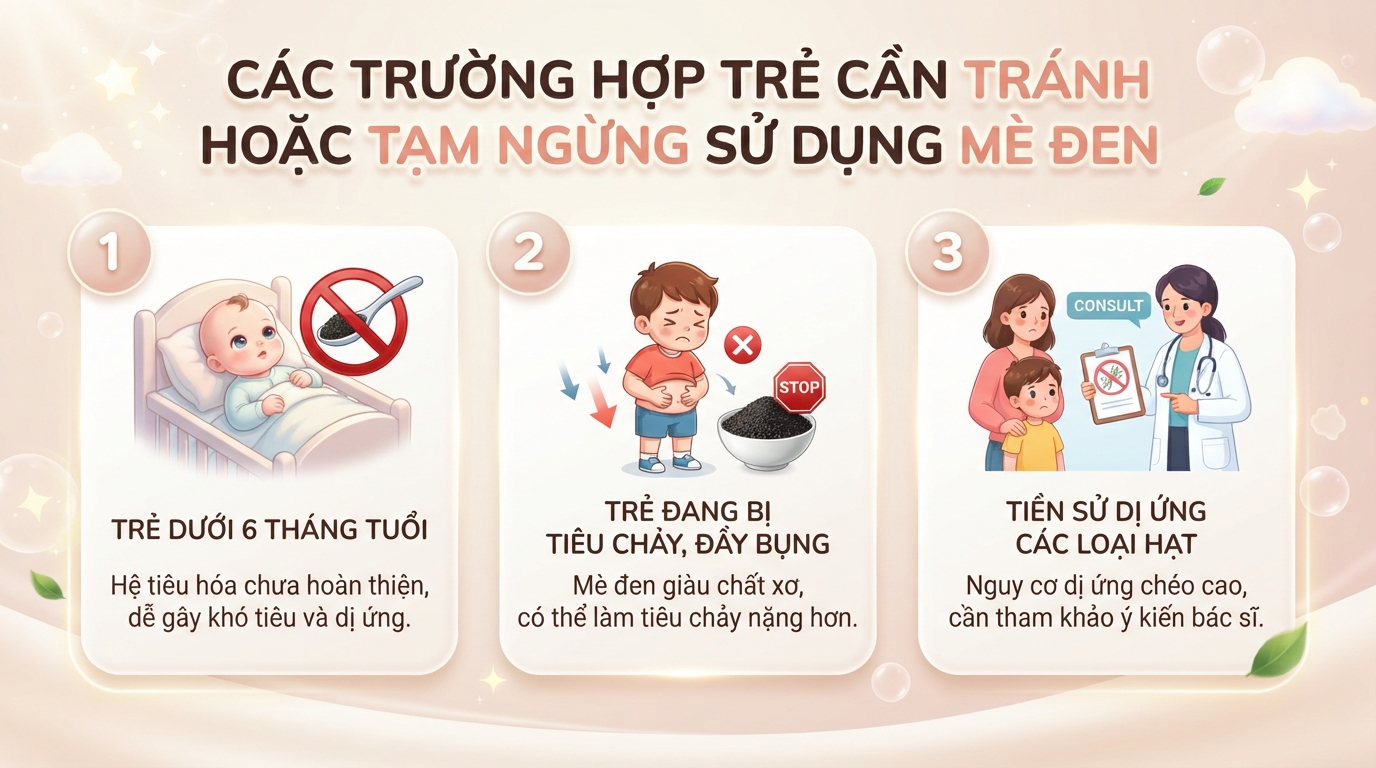 Ba trường hợp trẻ cần tạm ngưng hoặc tránh hoàn toàn việc sử dụng mè đen. Ba trường hợp trẻ cần tạm ngưng hoặc tránh hoàn toàn việc sử dụng mè đen.
