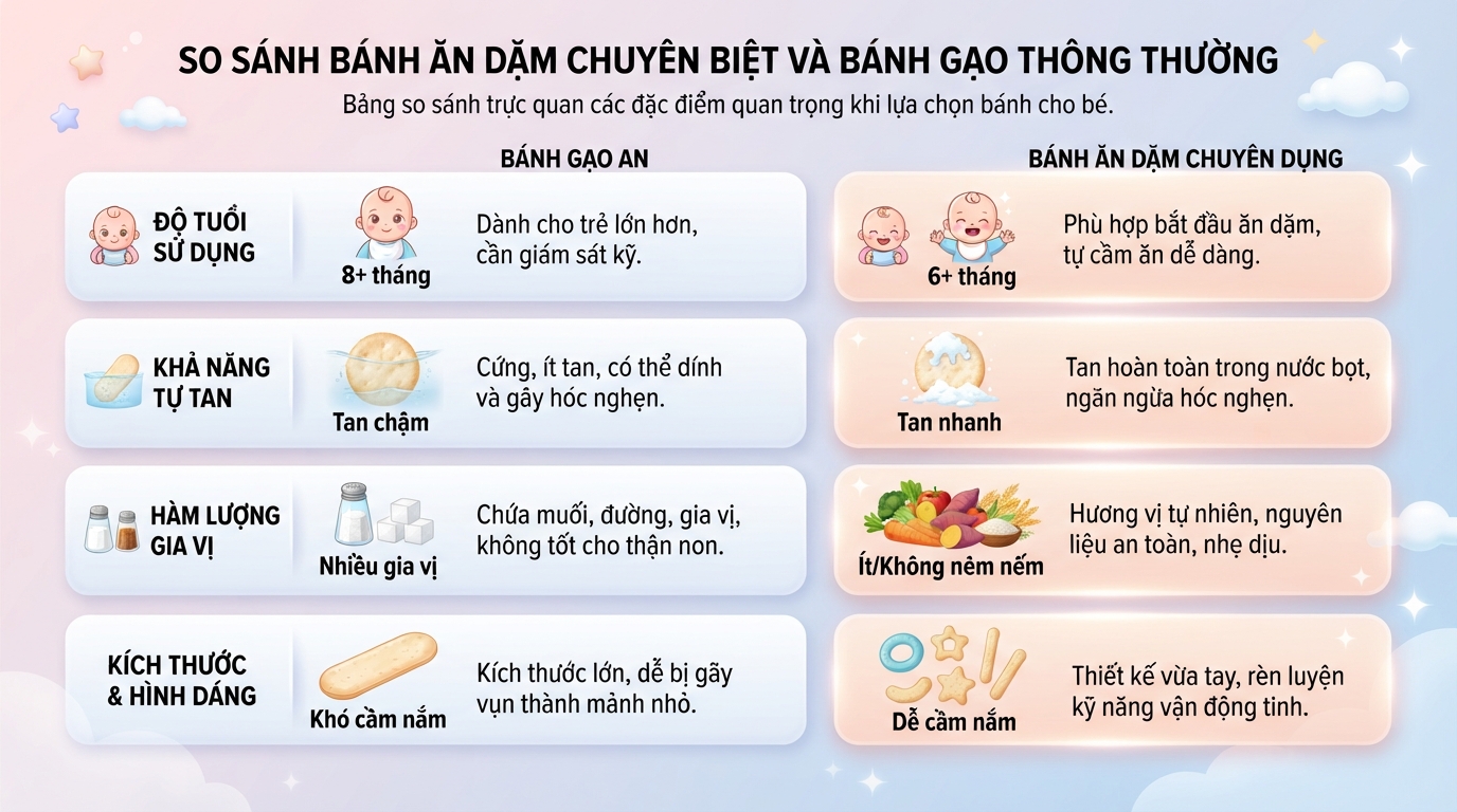 Bánh ăn dặm chuyên biệt có khả năng tự tan nhanh giúp ngăn ngừa nguy cơ hóc nghẹn hiệu quả.