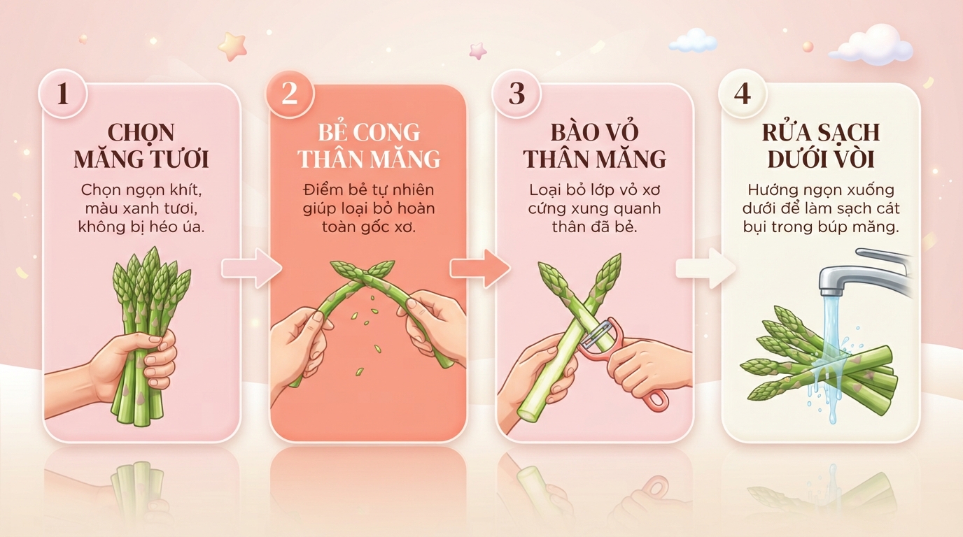 Bẻ cong thân măng là mẹo đơn giản để loại bỏ phần gốc già nhiều xơ. Bẻ cong thân măng là mẹo đơn giản để loại bỏ phần gốc già nhiều xơ.