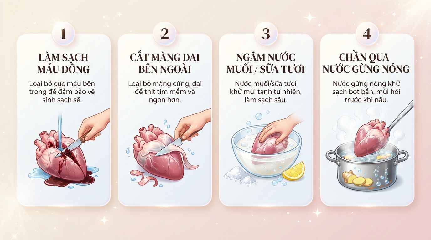 Bốn bước sơ chế giúp loại bỏ hoàn toàn máu đọng và mùi tanh của tim heo. Bốn bước sơ chế giúp loại bỏ hoàn toàn máu đọng và mùi tanh của tim heo.