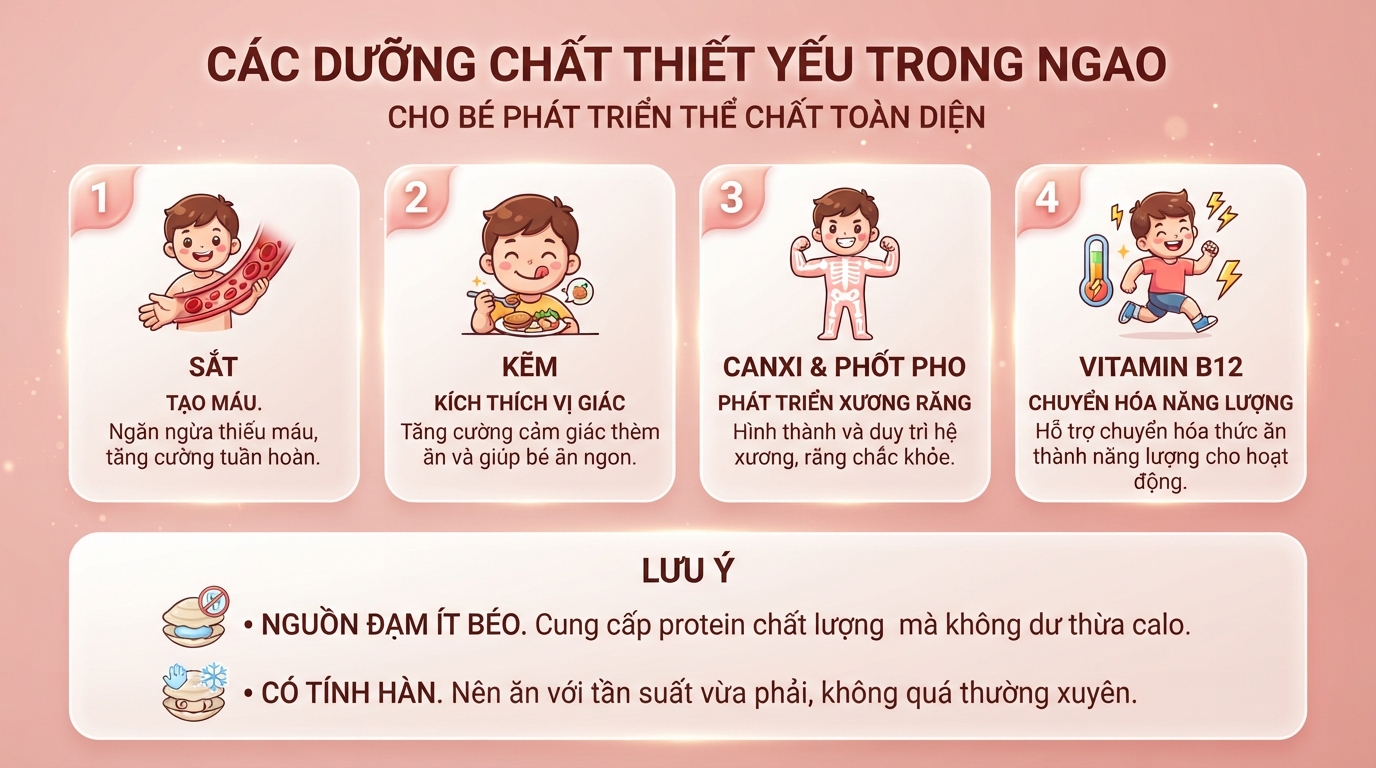Các dưỡng chất thiết yếu trong ngao giúp bé phát triển thể chất toàn diện. Các dưỡng chất thiết yếu trong ngao giúp bé phát triển thể chất toàn diện.