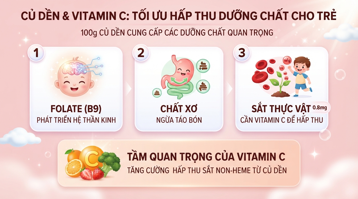 Các dưỡng chất trong củ dền cần vitamin C để cơ thể trẻ hấp thụ tối ưu nhất. Các dưỡng chất trong củ dền cần vitamin C để cơ thể trẻ hấp thụ tối ưu nhất.