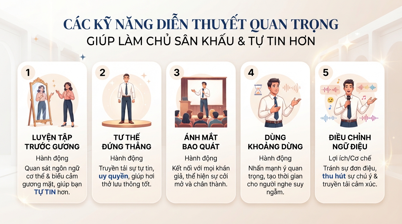 Các kỹ năng diễn thuyết quan trọng giúp người nói làm chủ sân khấu và tự tin. Các kỹ năng diễn thuyết quan trọng giúp người nói làm chủ sân khấu và tự tin