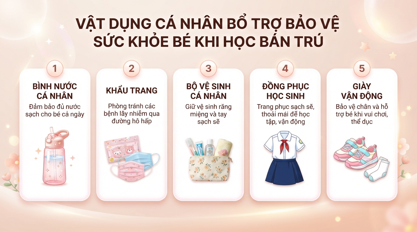 Các vật dụng cá nhân bổ trợ giúp bảo vệ sức khỏe bé khi học bán trú