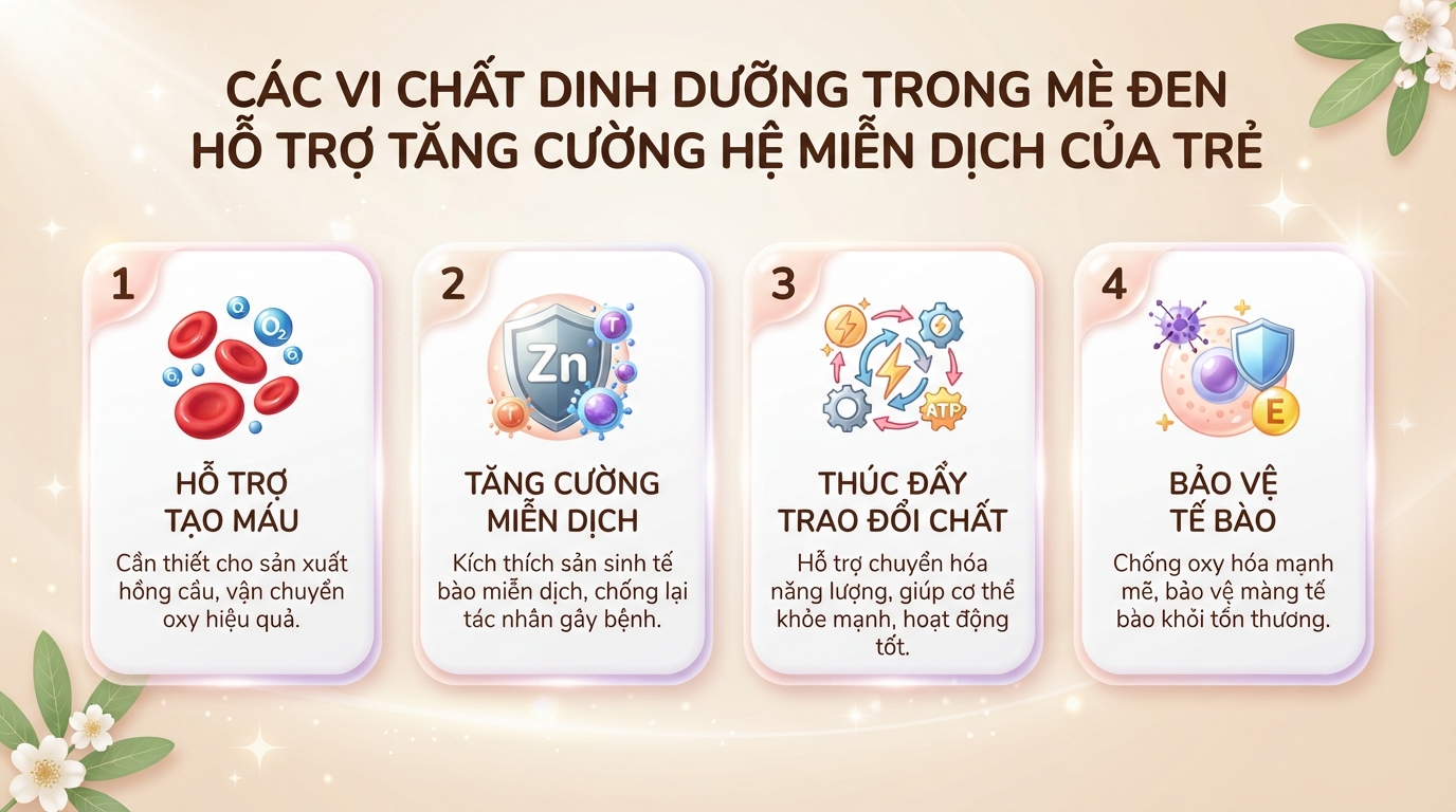 Các vi chất dinh dưỡng trong mè đen hỗ trợ tăng cường hệ miễn dịch của trẻ. Các vi chất dinh dưỡng trong mè đen hỗ trợ tăng cường hệ miễn dịch của trẻ.