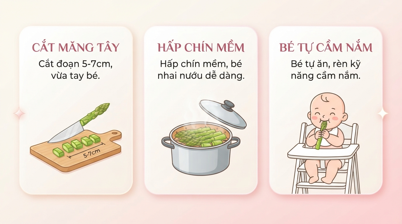 Cắt măng dài khoảng 5-7cm để bé dễ dàng tự cầm nắm khi ăn dặm. Cắt măng dài khoảng 5-7cm để bé dễ dàng tự cầm nắm khi ăn dặm.