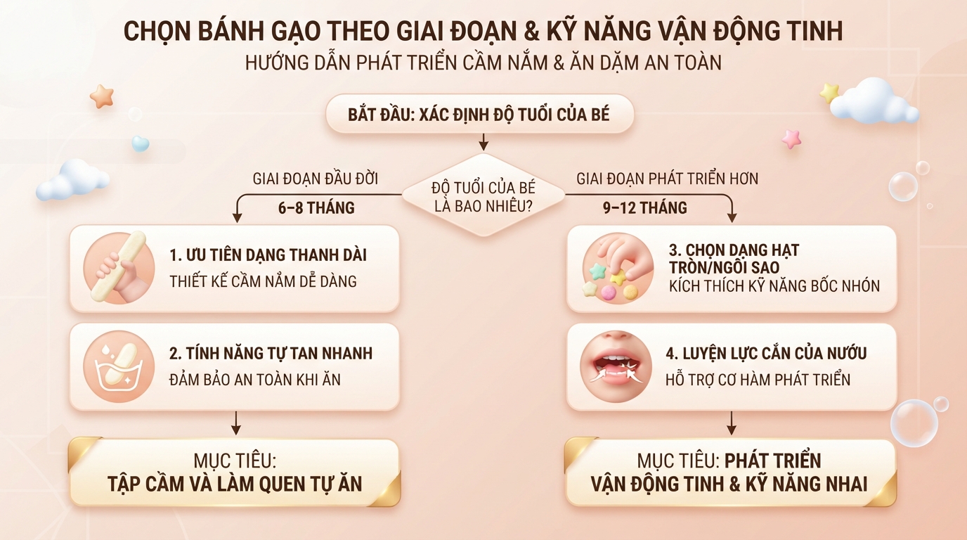 Chọn hình dáng và kết cấu bánh gạo phù hợp với kỹ năng vận động tinh của trẻ.