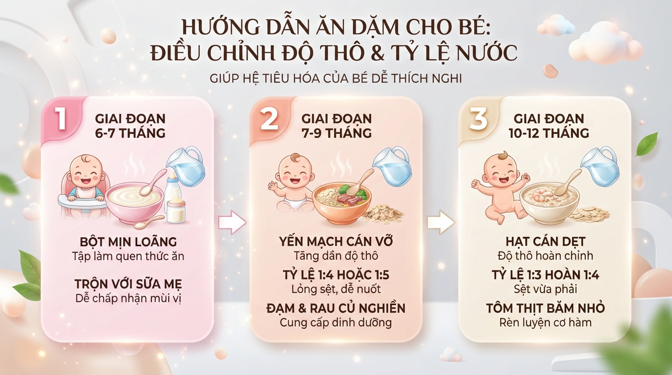 Điều chỉnh tỷ lệ nước và độ thô giúp hệ tiêu hóa của bé dễ thích nghi.