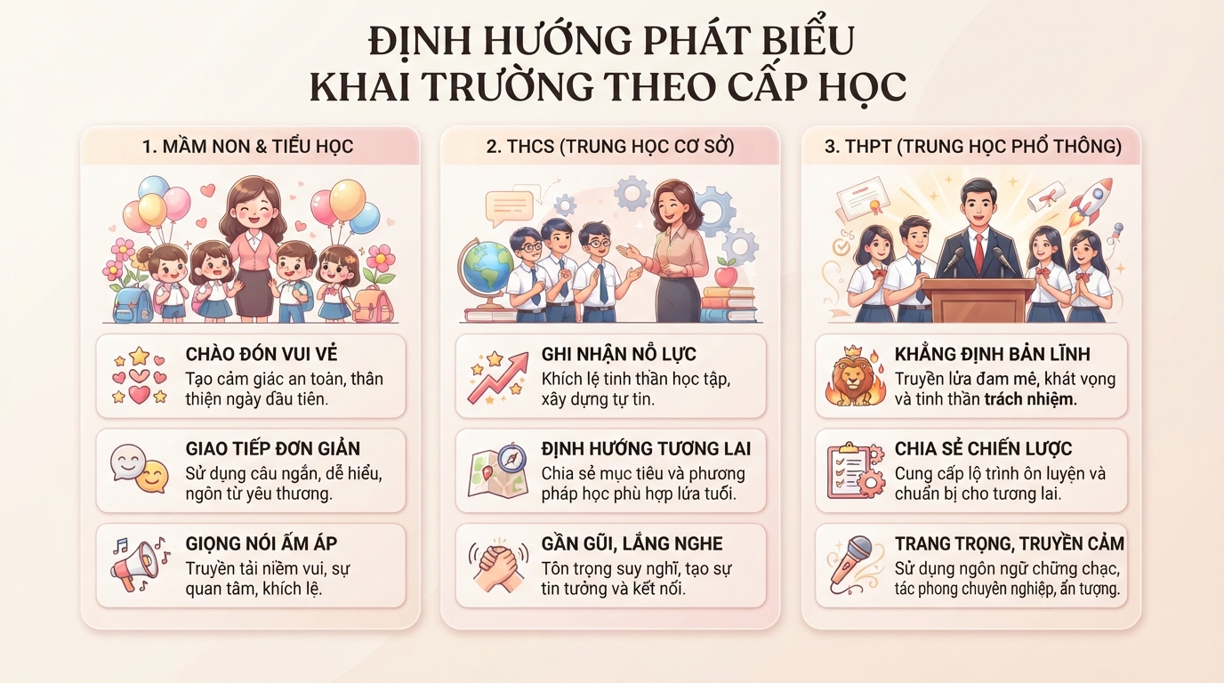 Định hướng nội dung và phong cách thể hiện lời phát biểu phù hợp theo từng bậc học. Định hướng nội dung và phong cách thể hiện lời phát biểu phù hợp theo từng bậc học.