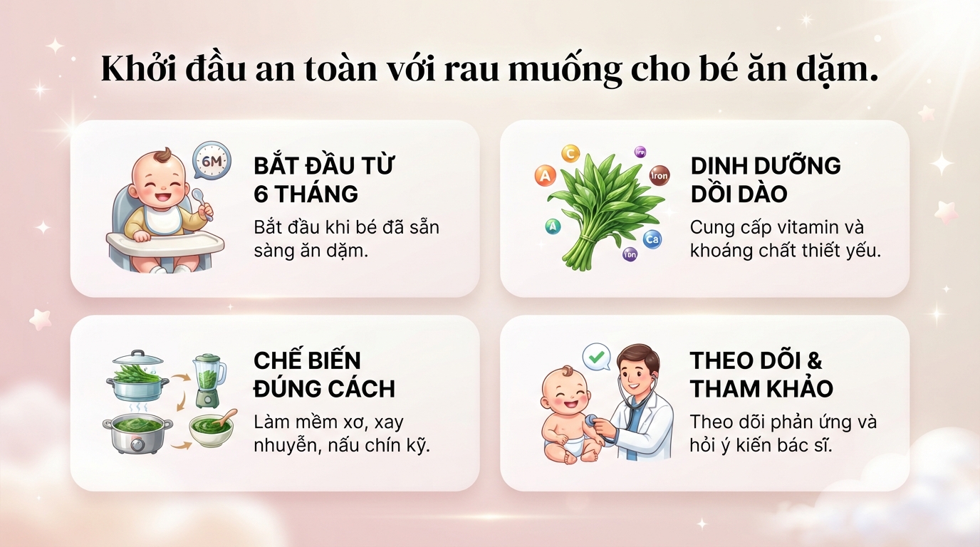 Bé mấy tháng ăn được rau muống? Lợi ích, cách chế biến lưu ý cho mẹ