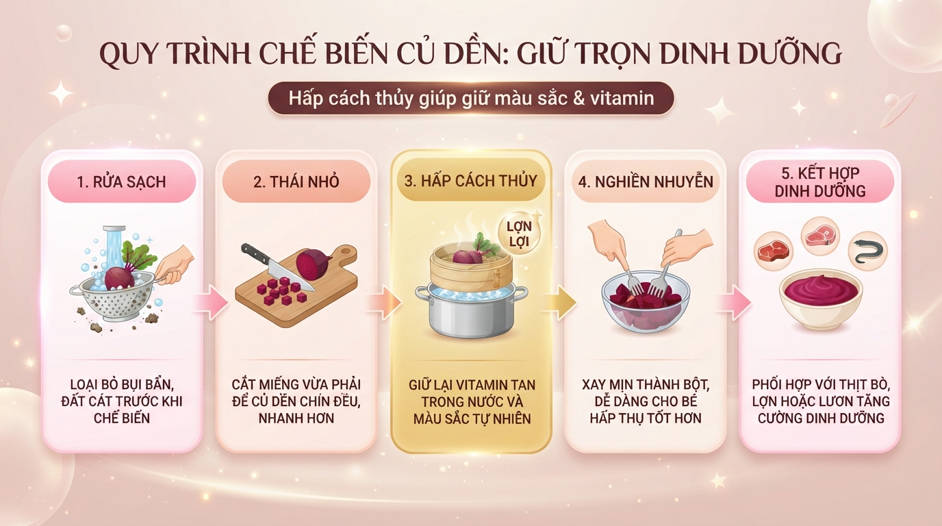 Hấp cách thủy giúp giữ trọn vẹn màu sắc và hàm lượng vitamin dễ tan của củ dền. Hấp cách thủy giúp giữ trọn vẹn màu sắc và hàm lượng vitamin dễ tan của củ dền.