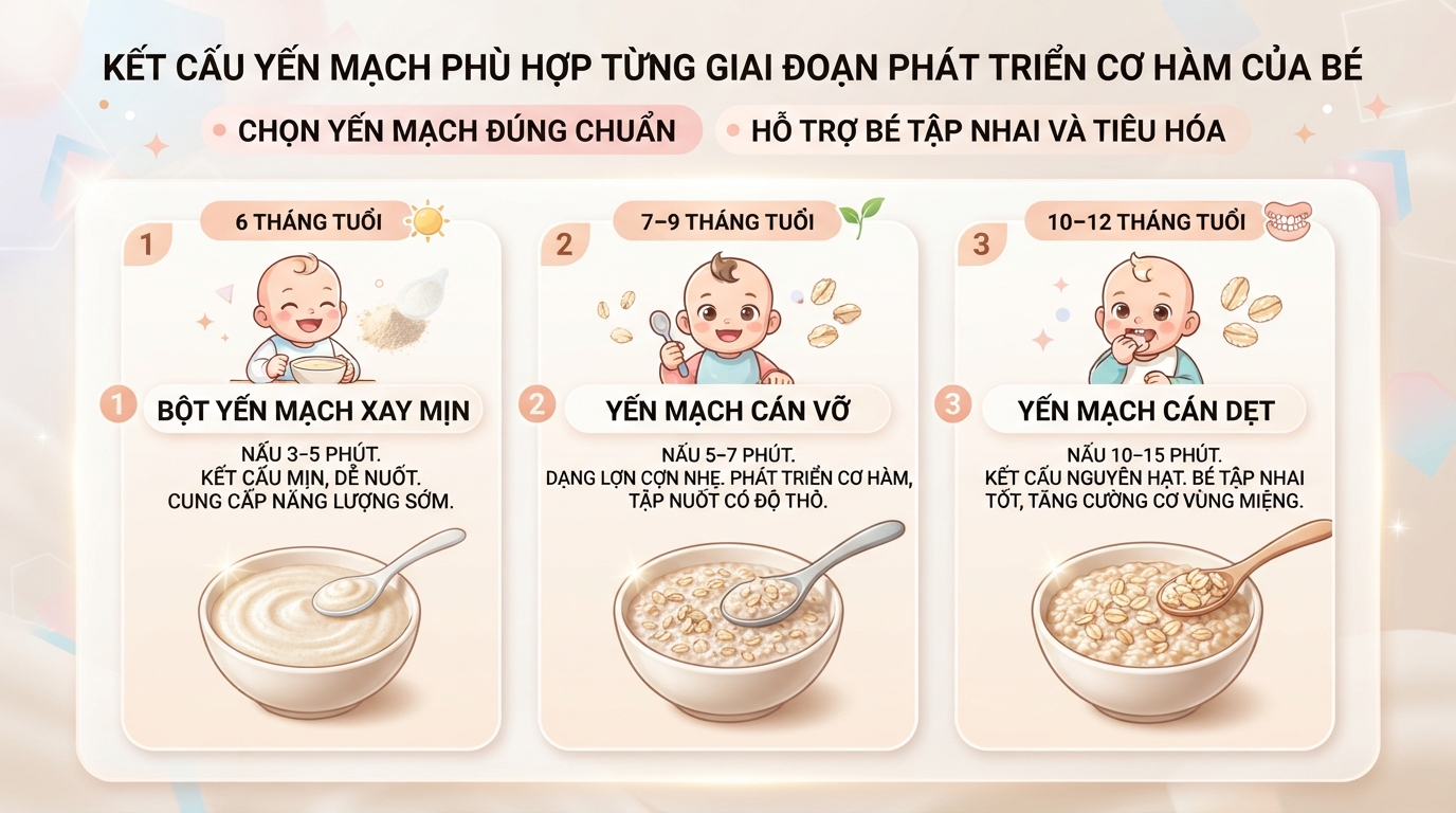 Kết cấu hạt yến mạch thay đổi linh hoạt theo sự phát triển cơ hàm của trẻ.