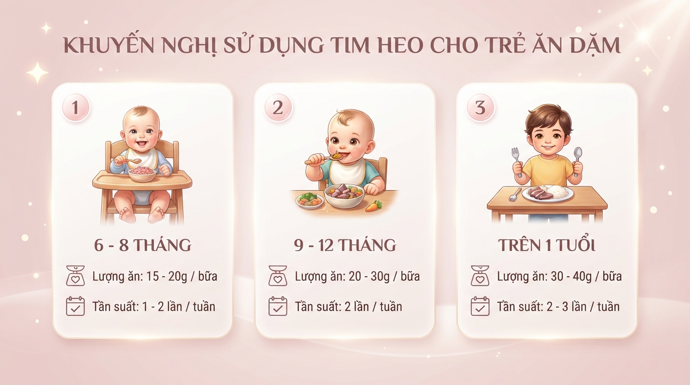 Khuyến nghị về lượng ăn và tần suất sử dụng tim heo theo độ tuổi của trẻ. Khuyến nghị về lượng ăn và tần suất sử dụng tim heo theo độ tuổi của trẻ.