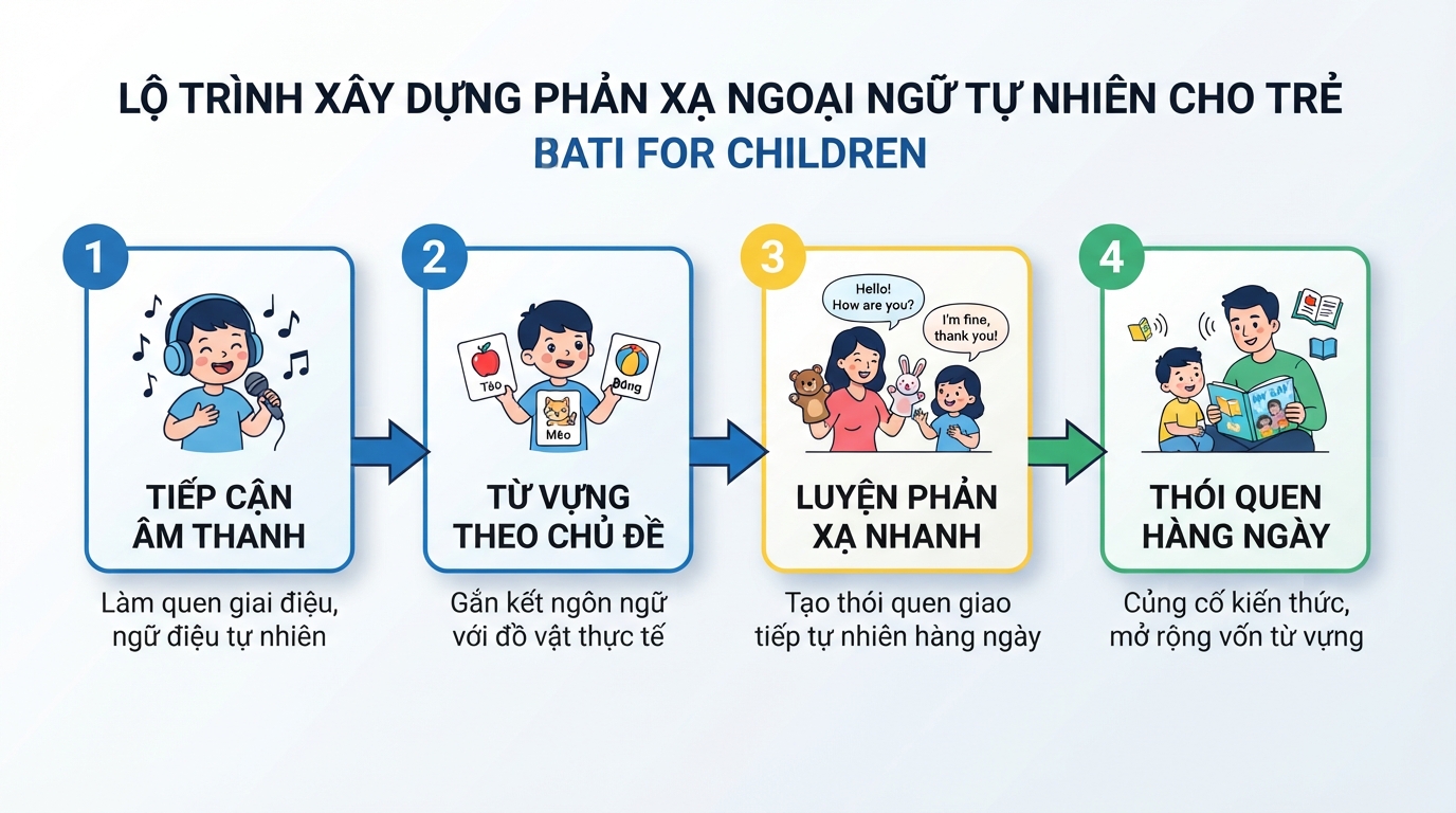 Lộ trình 4 bước đơn giản giúp trẻ xây dựng phản xạ ngoại ngữ tự nhiên. Lộ trình 4 bước đơn giản giúp trẻ xây dựng phản xạ ngoại ngữ tự nhiên.