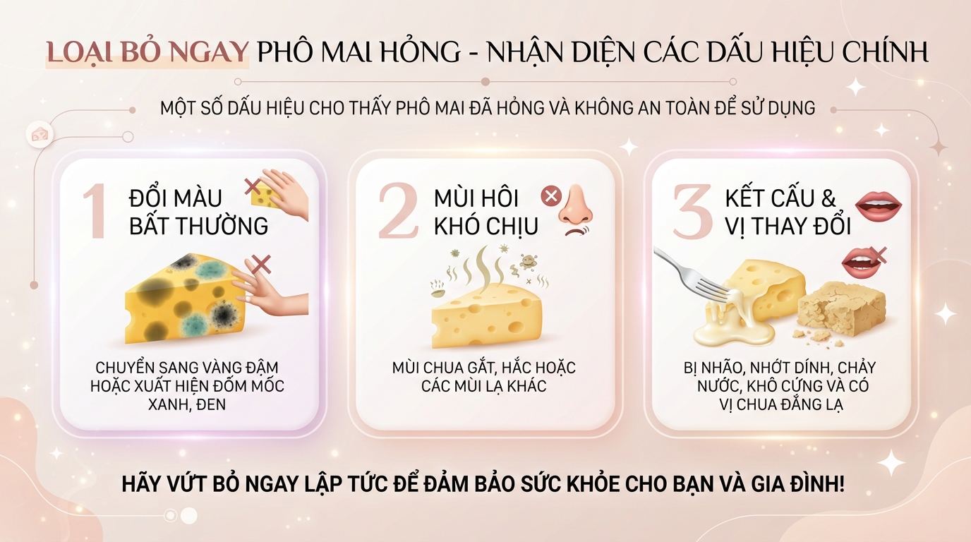 Loại bỏ ngay phô mai có màu đốm lạ, mùi chua nồng hoặc xuất hiện nấm mốc. Loại bỏ ngay phô mai có màu đốm lạ, mùi chua nồng hoặc xuất hiện nấm mốc.