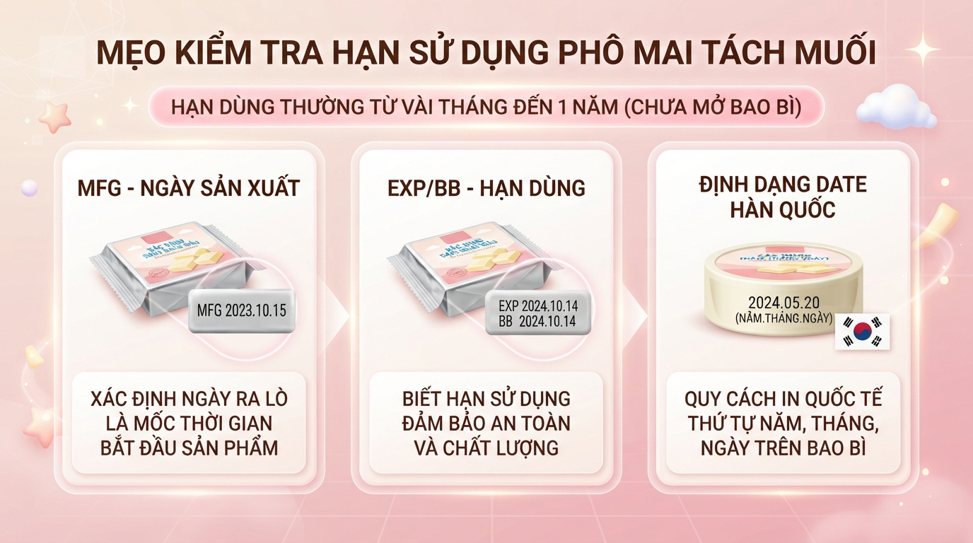 Mẹo kiểm tra phô mai tách muối hạn sử dụng bao lâu qua mã MFG và EXP. Mẹo kiểm tra phô mai tách muối hạn sử dụng bao lâu qua mã MFG và EXP.