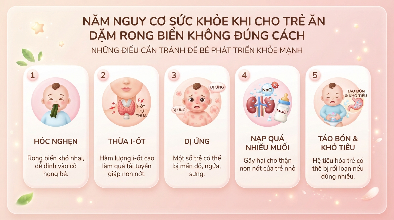 Năm nguy cơ sức khỏe thường gặp khi cho trẻ ăn dặm rong biển không đúng cách. Năm nguy cơ sức khỏe thường gặp khi cho trẻ ăn dặm rong biển không đúng cách.