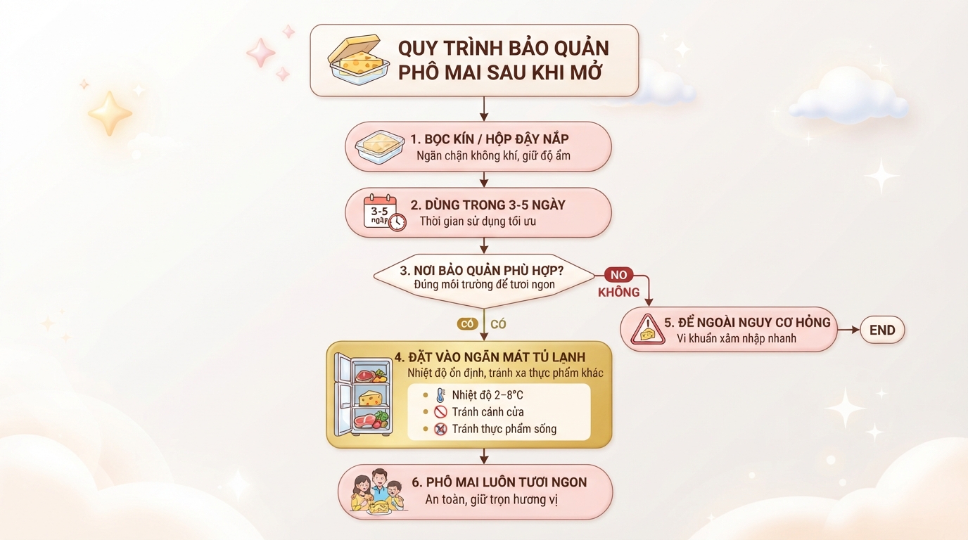 Nên bọc kín phô mai sau khi mở và dùng hết trong 3 đến 5 ngày. Nên bọc kín phô mai sau khi mở và dùng hết trong 3 đến 5 ngày.