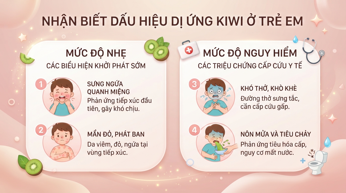 Nhận biết các dấu hiệu dị ứng kiwi từ nhẹ đến nặng để kịp thời xử lý. Nhận biết các dấu hiệu dị ứng kiwi từ nhẹ đến nặng để kịp thời xử lý.