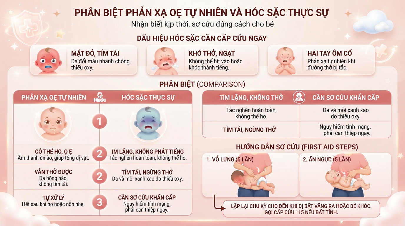 Phân biệt phản xạ oẹ tự nhiên và hóc sặc thực sự để có biện pháp sơ cứu kịp thời.