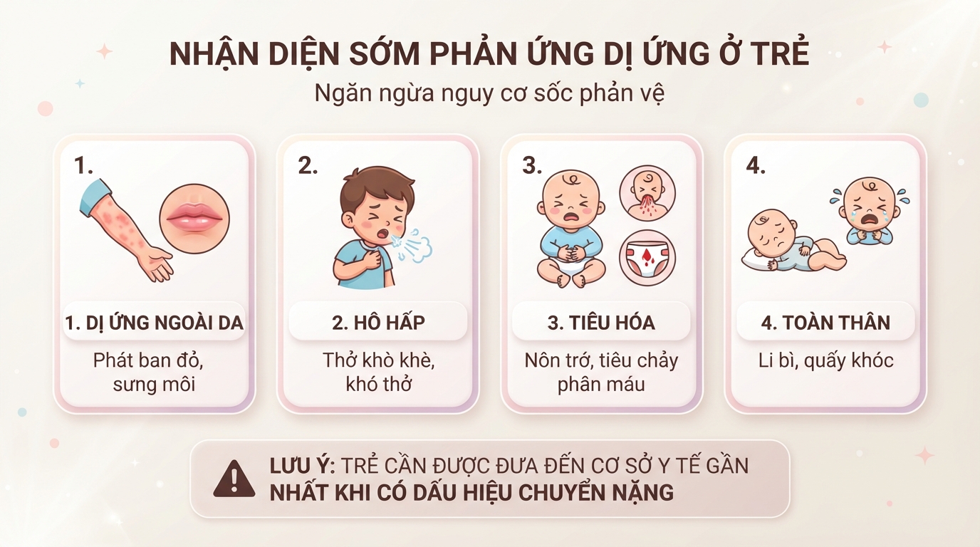 Phát hiện sớm phản ứng dị ứng giúp ngăn ngừa nguy cơ sốc phản vệ ở trẻ. Phát hiện sớm phản ứng dị ứng giúp ngăn ngừa nguy cơ sốc phản vệ ở trẻ.